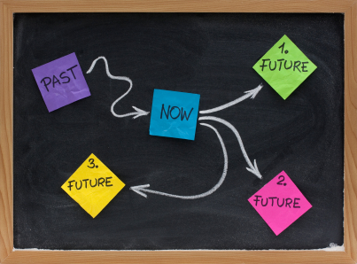 Past, present, and alternative future choices - concept presented with colorful sticky notes, white chalk on blackboard